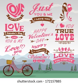 Valentine's day labels, icons elements collection with romantic background 01