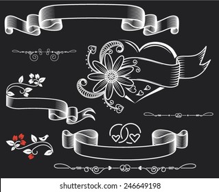 Valentine`s Day Labels. Vector illustration. The stylized heart with an ancient tape and a beautiful flower.  Ribbon vector illustration with texture added. Black chalkboard background.