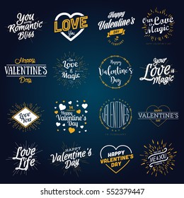 Valentines day labels. Vintage love stickers. Happy Valentines day hand drawn lettering. Vector graphics set.