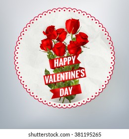 Valentines Day lacy frame decorated with roses on wood background in retro style. EPS 10 vector file included