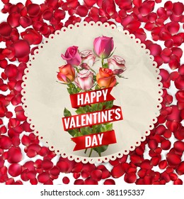 Valentines Day lacy frame decorated with roses on wood background in retro style. EPS 10 vector file included
