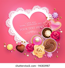 Valentine`s Day lacy frame for your text decorated with  sweets, cupcakes, cookies and golden beads.