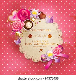 Valentine`s Day lacy frame for your text decorated with  sweets, cupcakes, cookies roses and golden beads.