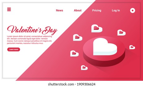 Valentines Day landing page with isometric hearts. Website Template. Easy to edit and customize. Modern vector illustration