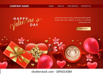 Valentine's day landing page template with a gifts, a cup of coffee and balloons
