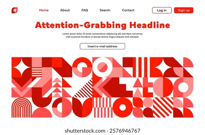 Valentines day landing page template with geometric shapes. Vector modern webpage layout, web site background featuring bold red and pink patterns and navigation elements includes a prominent headline