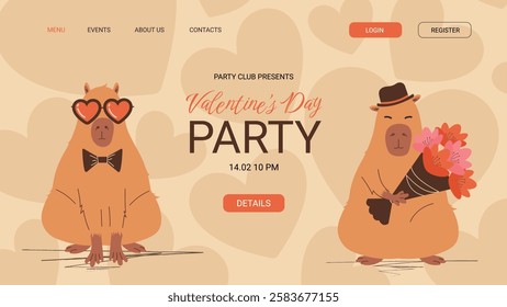 Valentine's Day Landing Page Template With Cute Capybaras. Invitation to a party. Vector Illustration In A Flat Style