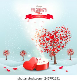 Valentine's day landscape with heart shaped trees and a magic gift box. Vector.