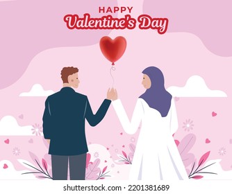 Valentine's day landscape, Romantic young couple landscape, Valentine's day banner, Happy valentine's day