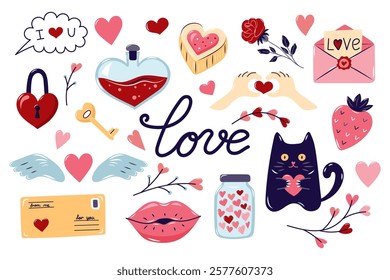 Valentine's Day large Element Set. Valentine's day Collection element for design on white background. Isolated vector illustration.