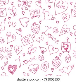 Valentines Day. Large icons set. Seamless pattern. Symbols of love. White background
