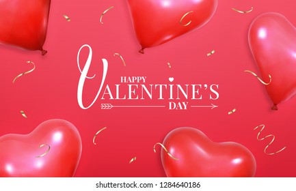 Valentines Day. Layout design with realistic heart shape red helium balloons and gold confetti. Valentine's banner.