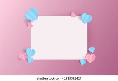 Valentine's day letter card mockup decorated with pink and blue heart-shaped paper cut, illustration for valentine's day or love day, vector envelope.