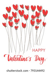 Valentines Day Lettering Background with red heart flowers on white background and calligraphy phrase Happy Valentine`s Day