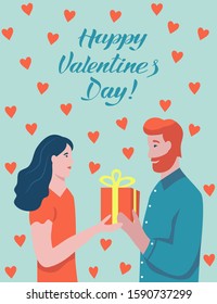 Valentine's day lettering card. A couple of lovers give each other gifts. A man with a red beard and a woman with dark hair laugh and look at each other. Flat vector illustration.