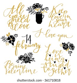 Valentines day lettering collection.Gold glitter effect. Vector illustration