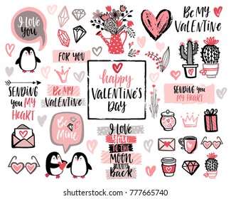 Valentine`s Day Lettering Design Set With Hand Drawn Elements. Vector Illustration.
