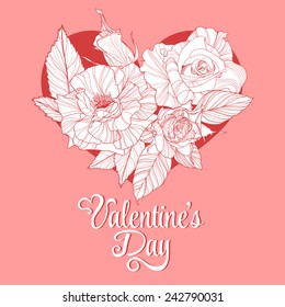 Valentine's Day lettering Greeting Card on pink background, vector illustration with roses