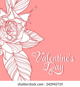 Valentine's Day lettering Greeting Card on pink background, vector illustration with roses