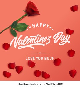 Valentines day lettering greeting card with rose. Vector illustration