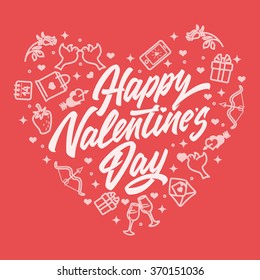 Valentines day lettering greeting card with icons. Vector illustration