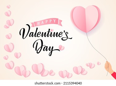 Valentines Day lettering, hand with paper heart balloon and pink flying heart. Valentine's Day postcard with elegant calligraphy and origami paper flying elements. Vector symbols of love