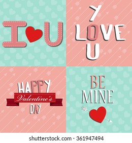 Valentine's day lettering icons with colorful backgrounds.