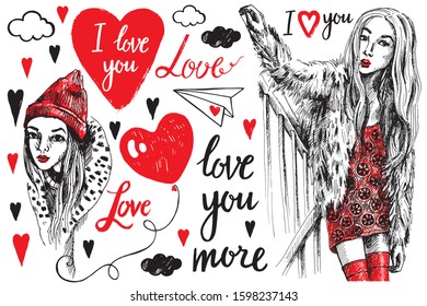 Valentine's Day. Lettering I love you. Hearts. Fashionable young girls. Vector illustration.