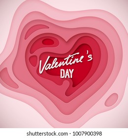 Valentines day lettering on layered pink paper cut realistic background. Vector holiday illustration. 14 february romantic event decoration. Carved heart shape. Cover design