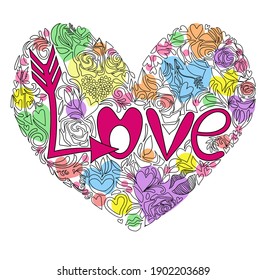Valentine's Day. Lettering. Postcard. Heart of roses, monograms and leaves in a black outline and cartoon. The word - Love is pink, with multi-colored tender hearts drawn against the background. 