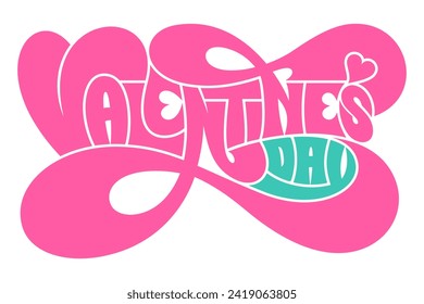 Valentinstag-Schrift mit Retro-Groovy Typografie-Design in Rosa und Blau Grün. Vintage Textstil für Grußkarte, Poster, Flyer, Aufkleber, T-Shirt, Kissenkoffer.