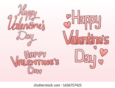 Valentines day lettering set with dark pink edge and heard shapes. Vector illustration. 