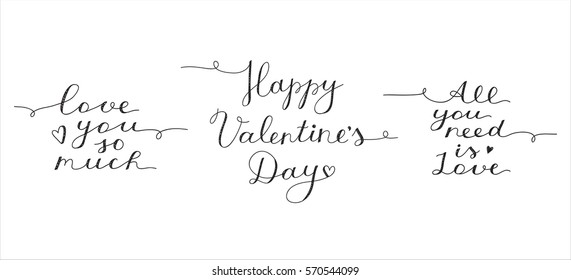 valentines day lettering set, handwritten text on white background