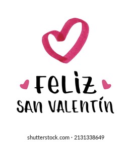 Valentine's day lettering in Spanish: Feliz San Valentin. Outline heart shape. Love symbol. Hand drawn with marker. Vector illustration, flat design