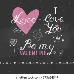 Valentine's Day lettering, vector handwritten greetings, Valentine Day greeting card, romantic lettering with hearts and decorative elements