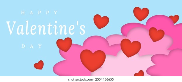 Valentines day light blue background with red heart shape and cloud for banner design.	