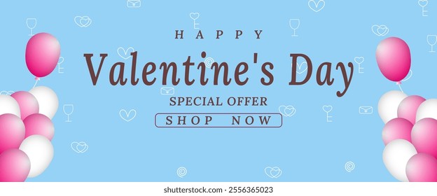 Valentines day light blue background with pink balloons for banner design.