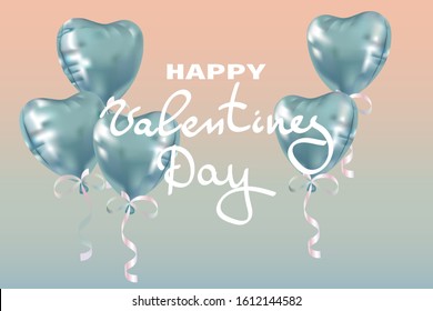 Valentine's Day. Light blue balloons with a swirling ribbon on a pink-blue background, with a congratulatory inscription. Design for flyer, postcard, banner.
