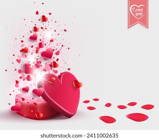 Día de San Valentín, composición ligera con un ataúd rojo, dibujado al azar con un conjunto de corazones y pétalos de rosa.
