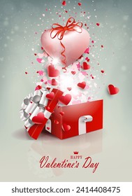 Valentine's Day, light composition with a square red box and a light pink heart with a bow.