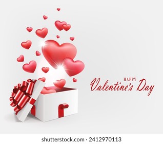 Valentine's Day, Light composition with a white box with a red bow and a set of hearts, postcard.