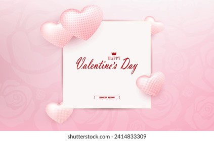 Valentine's Day, light pink composition with a gradient, square frame, gentle silhouettes of hearts with a pattern.