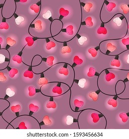 
Valentines day lights seamless background. Glowing bulb banner. Hand drawn colorful garlands for greeting card, invitation template.  Heart shape lights. Happy Valentine's day decor string lights.