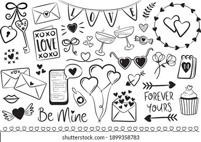 Valentines Day line art doodles collection, elements and ornaments. Love romantic hand drawn vector illustration. For greeting cards, posters, stickers, cards and seasonal design.