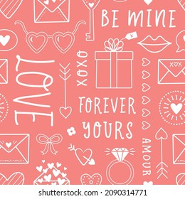 Valentines Day line art doodles background, wallpaper, elements and ornaments. Love romantic hand drawn vector illustrations. For greeting cards, posters, stickers, cards and seasonal design.