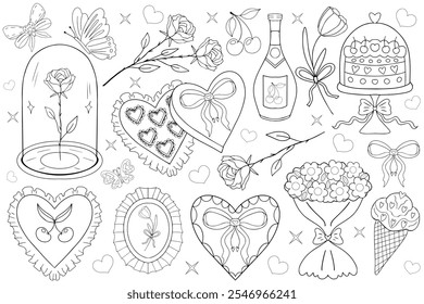 Valentine's Day line art hand drawing collection. girly coquette y2k aesthetic set, elegant vintage accessory. Lovely cute collection, red cherrie, pink ribbon, bow, heart, cupid. Vector illustration