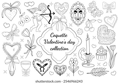 Colección de dibujo a mano de arte de línea de San Valentín. conjunto estético girly coquette y2k, elegante accesorio vintage. Colección linda preciosa, cereza roja, cinta rosa, arco, corazón, cupido. Ilustración vectorial