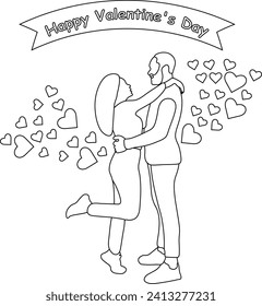 Valentines Day line art illustration, Love day, Couple with balloon heart, Vector illustration in cartoon style.