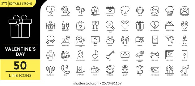 Valentine's day Line editable Icons set, style of romantic icons. Containing icons: Ballons, love message, couple, love, broken hearth, cellebrate,dating, love story, and more. Vector Illustration.