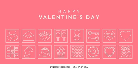 Valentine's Day line geometric minimalist banner template. Modern pattern with white icons. Trendy Love classic background for greeting sale